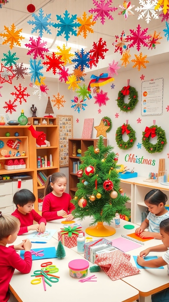 Creative Christmas Decoration Ideas for Kindergarten A festive kindergarten classroom with Christmas decorations, including paper snowflakes, handmade ornaments, and cheerful wreaths.